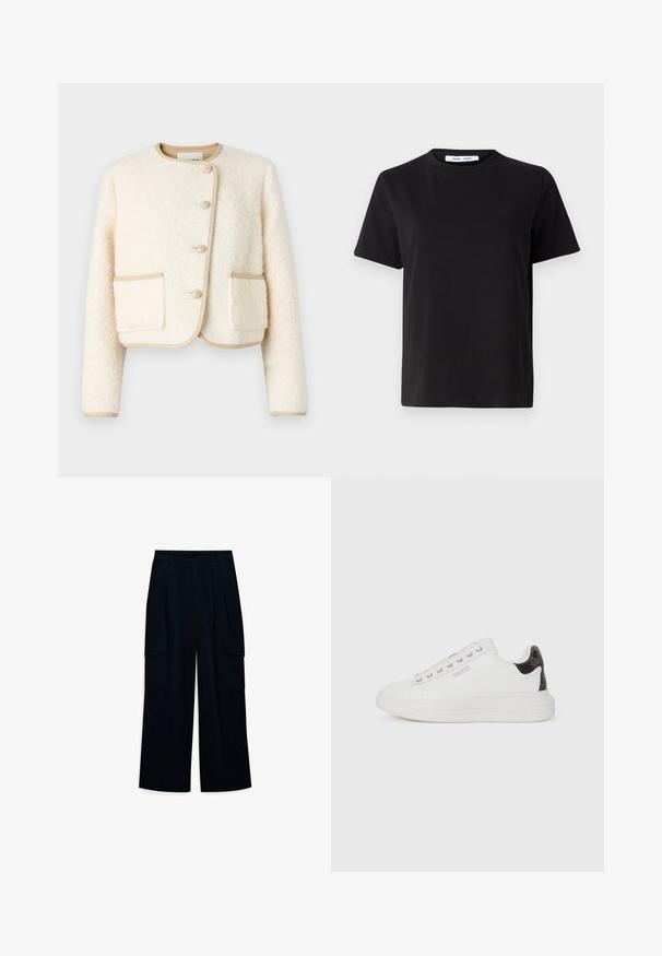 Kratká krémová bunda z nadýchaného materálu, s okrúhlym výstrihom, tromi gombíkmi a béžovými lemami okolo okrajov a vreciek.; Čierne tričko s krátkym rukávom vyrobené z mäkkej bavlny, s okrúhlym výstrihom, uvoľneným strihom a hladkou štruktúrou. Žiadne viditeľné vzory ani grafika.; Široké nohavice s vysokým pásom z tmavomodrého materiálu. Obsahujú záhyby a dve bočné cargo vrecká. Hladká textúra s čistým dizajnom.; Biele kožené tenisky s textúrovaným hnedým akcentom na päte, so zlatými očkami a vyvýšenou podrážkou. Názov značky "GUESS" je vyrazený na boku.