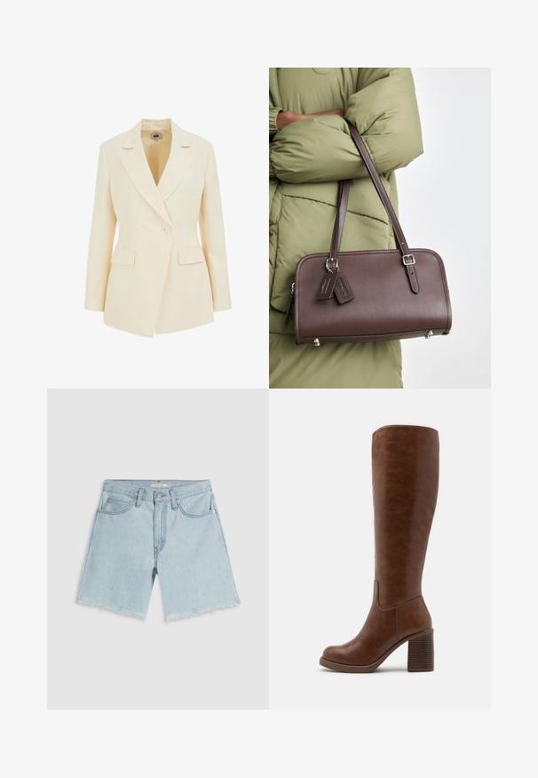 Bežani sako s krojem, koji ima rever, zatvaranje na jedan dugme i dva prednja džepa. Glatka tekstura s izraženom siluetom.; Crni rebrasti majica bez rukava s izrezom u obliku jajeta, prilagođenog kroja. Ima oznaku s veličinom unutar.; Svijetloplave traper kratke hlače s poderanim rubom, četiri džepa i patentnim zatvaračem; karakteriziraju ih suptilno izblijedjelost i srebrni metalni detalji.; Smeđe čizme do koljena od glatke umjetne kože, s okruglim vrhom, blok petom s vertikalnim žljebovima i minimalističkim dizajnom.; Smeđa kožna torba s pravokutnim oblikom, odvojivim remenom i srebrnim hardverom. Ima dvije oznake pričvršćene za ručku.