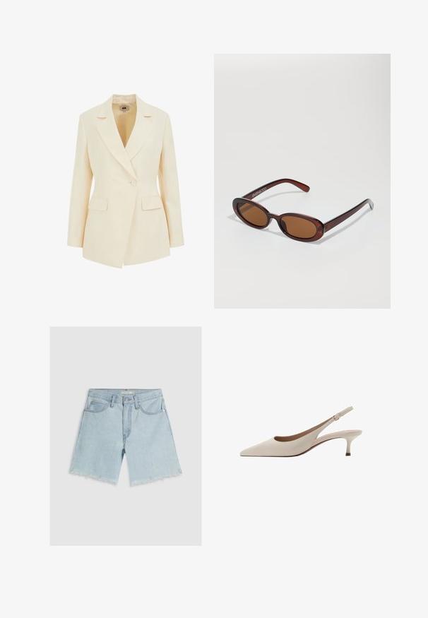 Beżowa marynarka o dopasowanym kroju z klapami, zapinana na jeden guzik, z dwiema przednimi kieszeniami. Gładka tekstura z wyraźną sylwetką.; Czarna prążkowana koszulka na ramiączkach z dekoltem w serek, bez rękawów i dopasowanym krojem. Wewnątrz znajduje się metka z oznaczeniem rozmiaru.; Jasnoniebieskie szorty dżinsowe o prostym kroju, z postrzępionym dołem, pięcioma kieszeniami i zapięciem na guzik w talii.; Beżowe szpilki slingback z zakończeniem w szpic i niskim, rozkloszowanym obcasem. Wykonane z gładkiej skóry, o minimalistycznym wzornictwie i regulowanym pasku.; Okrągłe, brązowe okulary przeciwsłoneczne z błyszczącą bordową oprawą. Cienkie ramiona z subtelnym detalem marki. Płaski kształt soczewek.; Brązowa skórzana torebka o prostokątnym kształcie, z odpinanym paskiem i srebrnymi akcentami. Posiada dwa zawieszki przymocowane do uchwytu.