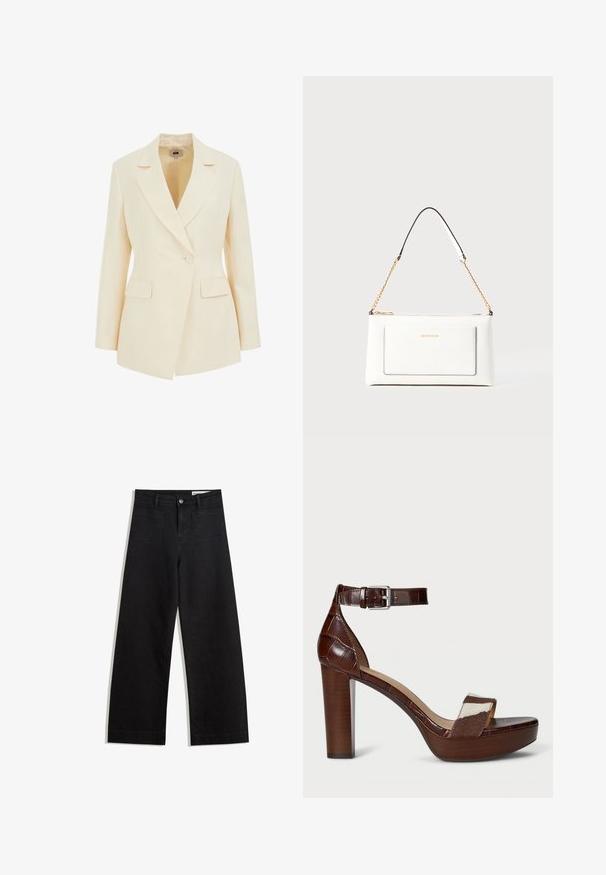Krémový přizpůsobený blazer s klopovým límcem, jednobodovým zapínáním a dvěma předními kapsami. Hladká textura s definovanou siluetou.; Námořnická modrá bavlněná tričko s krátkým rukávem a kulatým výstřihem, s hladkým povrchem a rovný lem bez vzorů či akcentů.; Černé denimové kalhoty s volným střihem a vysokým pasem, vybavené předními a zadními kapsami, prošívanými švy a knoflíkovým zapínáním. Hladká textura.; Hnědé sandály na podpatku s embosovanou kůží krokodýla a textilním páskem. Disponují širokým blokovým podpatkem a kotníkovým páskem se stříbrnou sponou. Texturovaná platforma.; Bílá kožená kabelka s texturovaným povrchem, zdobená zlatým řetízkem a černými akcenty. Obsahuje přední kapsu a uzavírání na zip.
