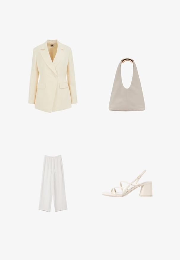 Bežani sako s krojem, koji ima rever, zatvaranje na jedan dugme i dva prednja džepa. Glatka tekstura s izraženom siluetom.; Svijetlo bež majica kratkih rukava s okruglim izrezom, izrađena od meke, glatke tkanine. Karakterizira je opušteni kroj i ravni rub.; Bijele hlače širokih nogavica napravljene od lagane tkanine. Imaju elastičan pojas s ušicom i bočne džepove. Glatka tekstura.; Bež sandale na visoku petu sa trakama, zaobljenim otvorenim prstom i srednjom blok petom. Imaju prilagodljivu traku oko gležnja i glatku, sjajnu površinu.; Svijetlosivi kožni torba s oblikom u slovo U i zakrivljenim metalnim drškom. Glatka tekstura s minimalnim šavovima i bez vidljivih uzoraka.