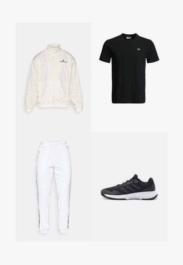White lightweight zip-up jacket with elastic cuffs and hem, high collar, and black Sergio Tacchini logo on the left chest.; Black cotton t-shirt with a crew neck, short sleeves, and a small green crocodile logo on the left chest. Smooth texture, casual design.; White sweatpants with elastic waistband, featuring black side stripes and cuffs. Made from soft fabric with a smooth texture.; Black athletic shoe featuring a textured upper, three horizontal stripes, and a white sole with a patterned tread. Lightweight and streamlined design.