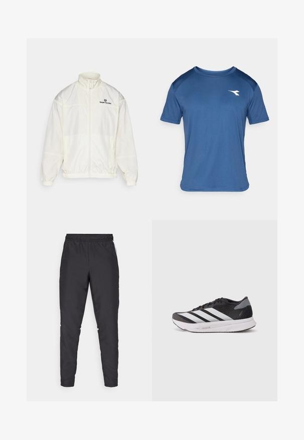 Bílá lehká zipová bunda s elastickými manžetami a spodním lemem, vysokým límcem a černým logem Sergio Tacchini na levé hrudi.; Pánské modré sportovní tričko s krátkým rukávem, raglánové rukávy a malé bílé logo na levé hrudi.; Černé sportovní kalhoty s elastickým pasem, zúženými nohavicemi a bílými bočními akcenty. Vyrobené z umělého materiálu s hladkým povrchem.; Černá sportovní bota s bílými pruhy, síťovinovým svrškem, polstrovanou podrážkou a texturovanými detaily. Lehký design pro zlepšení výkonu.