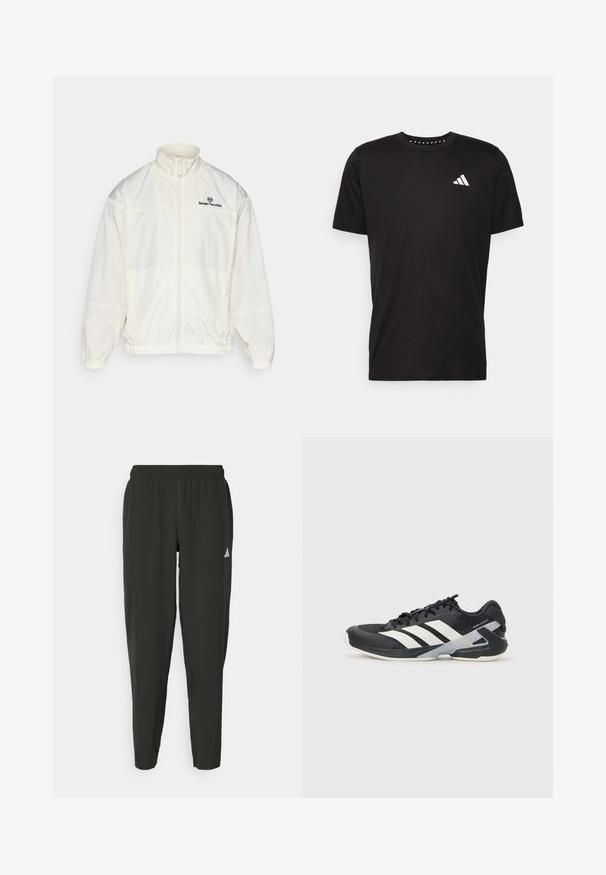 Λευκό ελαφρύ ζακέτα με φερμουάρ, ελαστικές μανσέτες και στρίφωμα, ψηλό γιακά και μαύρο λογότυπο Sergio Tacchini στο αριστερό στήθος.; Μαύρο βαμβακερό μπλουζάκι με κοντά μανίκια, στρογγυλή λαιμόκοψη και λευκό λογότυπο στην αριστερή πλευρά του στήθους. Λείο υλικό και απλός σχεδιασμός.; Μαύρο αθλητικό παντελόνι με ελαστική μέση, στενή εφαρμογή και λευκό λογότυπο στο αριστερό πόδι. Λειτουργικό, ελαφρύ ύφασμα.; Μαύρο αθλητικό παπούτσι με άσπρες ρίγες, διχτυωτό πάνω μέρος, στρογγυλή μύτη και μαλακή σόλα. Διαθέτει υφή στη φτέρνα και ασφαλές σύστημα κορδονιών.