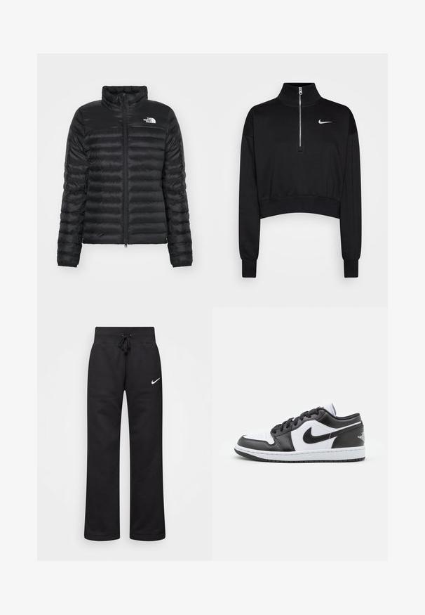 Melna pūka jaka ar stāvu apkakli, ar rāvējslēdzēju priekšā un ar kvadrātveida šuvēm. Tam ir logo kreisajā krūts pusē un elastīgas aproces.; Melnā īsā svītra ar augstu apkakli, puszipsa aizdare, rievojumu aproces un neliels balts Nike logotips kreisajā krūtī. Mīksta auduma tekstūra.; Melnas treniņbikses, kas izgatavotas no kokvilnas maisījuma, ar regulējamu jostu, taisnām kājām un baltu Nike logo kreisajā pusē.; Melnbalti Nike zemāko sporta apavu modeļi ir ar gludu ādas virsu, apaļu purngalu, saistošo aizdari un rakstainu gumijas zoli.