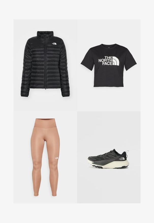 Black puffer jacket with a stand collar, zip front, and a quilted design. Features a logo on the left chest and elastic cuffs.; Black cropped t-shirt made of cotton, featuring a white logo with curved accents and text "THE NORTH FACE" on the front. Short sleeves, crew neck.; High-waisted, form-fitting leggings in a light brown color. Made from smooth, stretchy material with a white logo on the left thigh.; Black athletic shoe with a textured upper, featuring gray accents and a white midsole. Includes a pull tab and prominent brand logo on the heel.