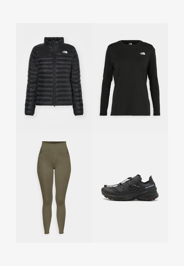Chaqueta puff negra con cuello alzado, cierre frontal con cremallera y diseño acolchado. Presenta un logo en el lado izquierdo del pecho y puños elásticos.; Camiseta de manga larga negra de algodón con cuello redondo. Presenta un pequeño logotipo blanco en la parte izquierda del pecho. Diseño y ajuste simples.; Leggings de talle alto en verde oliva, fabricados con tela elástica. Presentan costuras planas y un bolsillo lateral para almacenamiento. Textura suave.; Zapatillas de trail running negras con un upper texturizado, paneles de malla y un sistema de cierre seguro. Cuenta con una suela robusta para mayor tracción.