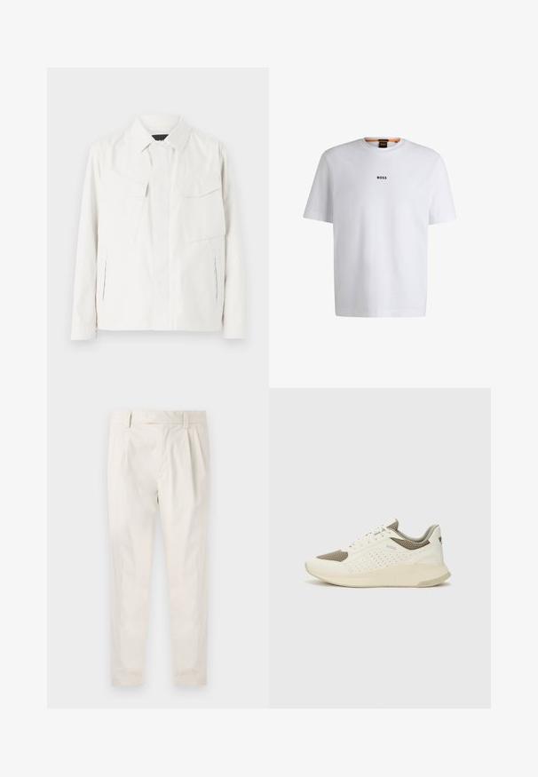 Leichte weiße Shirtjacke mit Kragen, zwei aufgesetzten Taschen vorne, seitlichen Schlitzen und Knopfverschluss. Glatte Stofftextur.; Weißes Baumwoll-T-Shirt mit kurzen Ärmeln, ausgestattet mit einem schwarzen "BOSS"-Logo, das mittig auf der Brust platziert ist, und einem runden Halsausschnitt.; Weiße, plissierte Hose mit taillierten Schnitt, die eine glatte Textur, Gürtelschlaufen und schmal zulaufende Beine aufweist. Keine sichtbaren Taschen oder Muster.; Weiße und hellbeige Sport Sneakers, ausgestattet mit einem Obermaterial aus Netzgewebe, perforierten Details und einer strukturierten Zwischensohle mit Branding an der Ferse.