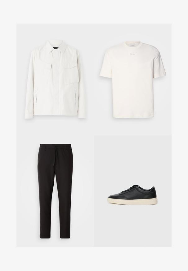Valge kerge särk-jope, millel on kraega kaelus, kaks esimest patšopakki, külgmised lõhikud ja nööpide sulgemised. Sile kangas.; Valge puuvillane T-särk, millel on ümar kaelus, lühikesed varrukad ning rinnas keskel tikitud "Calvin Klein" logo. Üksluisus.; Mustad jogger-püksid, mis on valmistatud siledast kangast. Omavad elastset pihaotsikut koos paelaga, kitsenevaid jalaosi ja nähtamatuid taskuid. Lihtne disain.; Mustad musta nahast madal sneaker mustade nööpidega ja kreemivalge tallaga, nähtud külgprofiilis valge tausta ees.