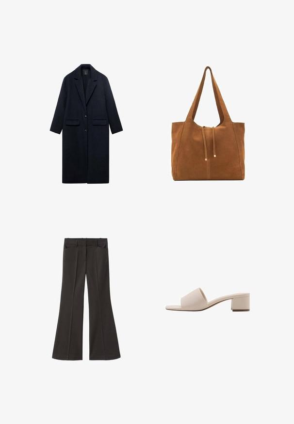 Marinefarbener Wollmantel mit Reverskragen, zwei frontalen Taschen, einer Knopfverschluss und geradem Schnitt. Strukturierter Stoff mit glatter Oberfläche.; Weicher beiger Langarm-Pullover mit Rundhalsausschnitt, übersichtlich auf einem weißen Hintergrund präsentiert, mit gerippten Bündchen, Saum und Kragen.; Schwarze, weit geschnittene Hosen mit hoher Taille; verfügt über zwei Fronttaschen und eine glatte Stoffoberfläche. Geeignet für verschiedene Anlässe.; Beige Blockabsatzsandale mit breitem Riemen und offenem Zeh. Glattes Material und elegantes Design. Kurzer, stabiler Absatz für mehr Stabilität.; Braune Wildleder-Tasche mit zwei langen Trägern, Zugverschluss und minimalistischem Design. Glatte Textur und keine sichtbaren Hardware-Details.