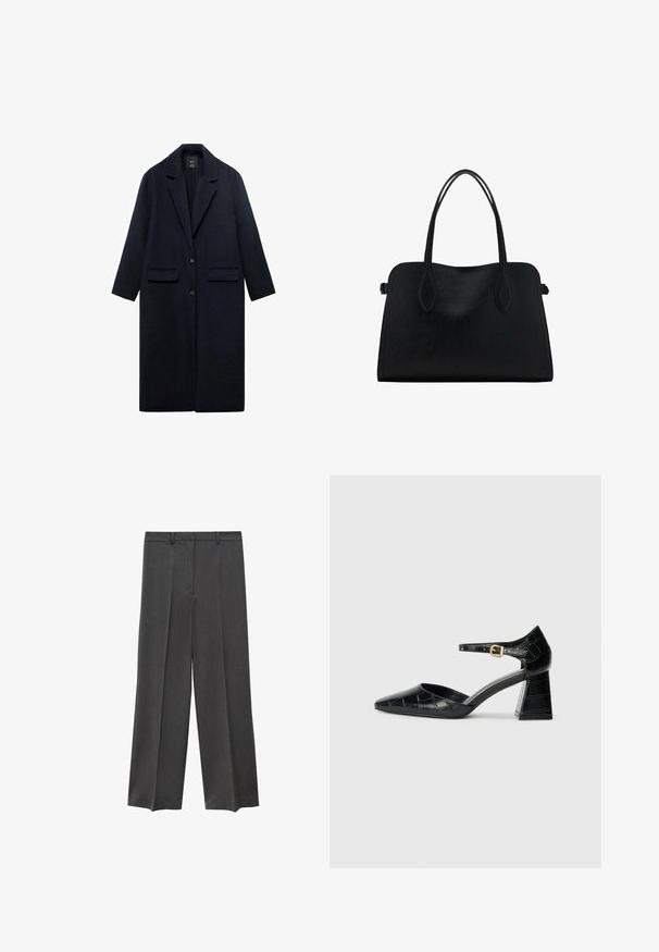 Mornarski kaput od vune s izrezanim ovratnikom, dva prednja džepa, zatvaranje na jedini dugme i ravni kroj. Tekstura tkanine s glatkom završnom obradom.; Crna pletena jakna s rebrastim okruglim izrezom, dugim rukavima i ravnim rubom. Mekana tekstura, minimalistički dizajn i svestran stil.; Sive široke hlače sa glatkom teksturom, plisiranim prednjim dijelom i petljama za remen. Napravljene od lagane tkanine.; Crna lakirana visoka potpetica s izoštrenim prstom, remenom oko gležnja i teksturiranom krokodilskom šablonom. Dizajn kvadratne blok potpetice.; Crna kožna torba s dvostrukim naramenicama, pravokutnog oblika i minimalističkim dizajnom na bijeloj pozadini.