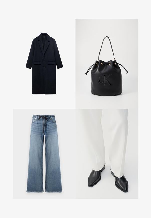 Navy wool coat with a notched collar, two front pockets, single-button closure, and straight silhouette. Textured fabric with smooth finish.; Light gray, ribbed pullover sweater with a high collar and half-zip at the neck. It features long sleeves and a fitted design.; Wide-leg denim jeans in light blue with a faded texture. Features an adjustable waistband with a black drawstring and traditional pockets.; Black pointed-toe ankle boots with a smooth leather finish, low block heels, paired with white wide-leg trousers. Simple and modern design.; Black leather bucket bag with drawstring closure, featuring a glossy "CK" logo on the front and gold-tone hardware accents.