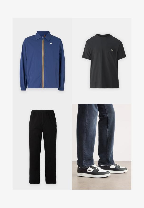 Casaco leve azul marinho com gola, fecho zíper na frente, com riscas multicoloridas e punhos elásticos para um ajuste confortável.; Camiseta de algodão preta com mangas curtas, decote redondo e um pequeno logo verde no bolso do peito esquerdo. Design simples, corte regular.; Calças pretas feitas de um tecido de algodão misto, com corte reto, cintura elástica com botão e sem padrões ou detalhes visíveis.; Sneakers Lacoste em preto e branco com parte superior em couro texturizado, apresentando um design com atacadores e uma sola de borracha branca. Usadas com jeans escuros.
