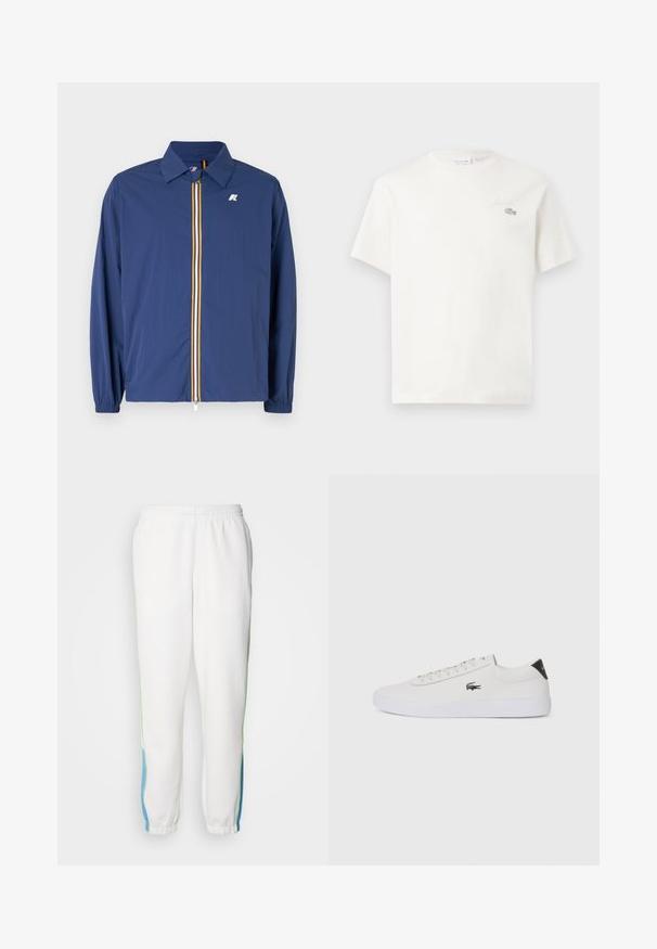 Jūras zila viegla jakas ar apkakles kaklu, priekšējo rāvējslēdzēju, kas rotāts ar daudzkrāsainām svītrām, un elastīgām aprocēm ciešai piegulšanai.; Balts kokvilnas T-krekls ar īsām piedurknēm, kuram ir smalka izšūta logo un minimālisma dizains. Mīksta tekstūra, apaļa kakla izgriezums.; Baltas sporta bikses ar elastīgu jostu, ar zaļiem un ziliem sānu svītrainiem. Mīksta auduma ar sašaurinātu potīšu dizainu.; Baltas ādas sporta apavu modelis ar noapaļotu purngalu, sasienamu priekšpusi un melnu papēža akcentu. Satur nelielu izšūtu krokodila logo sānos.