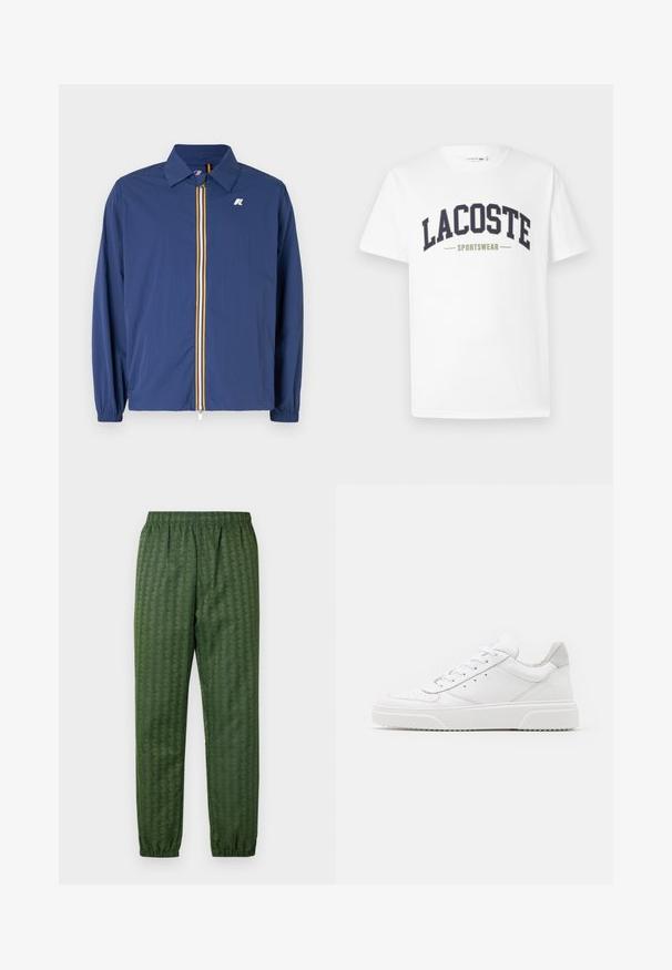 Navy blue lightweight jacket with a collared neck, front zipper featuring multicolored stripes, and elastic cuffs for a snug fit.; White t-shirt made of cotton featuring a navy and olive green "LACOSTE SPORTSWEAR" logo printed across the chest in a curved design.; Green patterned athletic pants with an elastic waistband, tapered legs, and a geometric design feature throughout. Made of lightweight material.; White leather sneakers with a smooth finish, rounded toe, flat laces, and a textured sole. Grey suede accent at the heel.