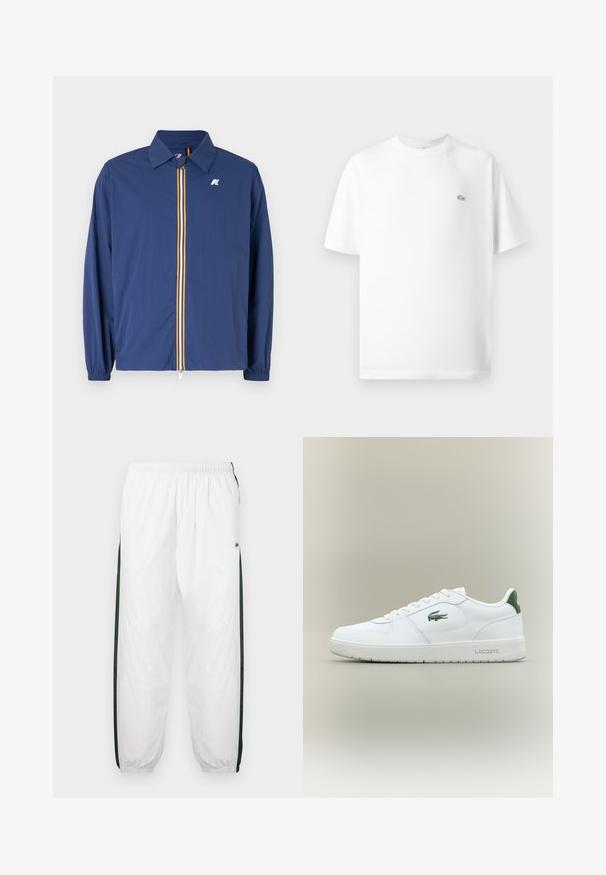 Tumedates sinine kerge jakk, millel on kraega kaelus, esiküljel lukuga, mitmevärviliste triipudega ja elastsete mansettidega, mis tagavad tiheda istuvuse.; Valge puuvillane T-särk ümmarguse kaeluse ja lühikeste varrukatega. Vasakul rinna küljes on väike must Lacoste'i logo.; Valged sportpüksid tumeroheline külgpanelitega. Kerge materjal, elastne vöökoht ja mansetid. Külgpanelitel on võrkmuster.; Valge nahkne spordijalats sujuva viimistlusega, rohelised aktsendid kanna peal ja roheline logo küljel. Omab lamedat tallat ja ümmargust varvast.