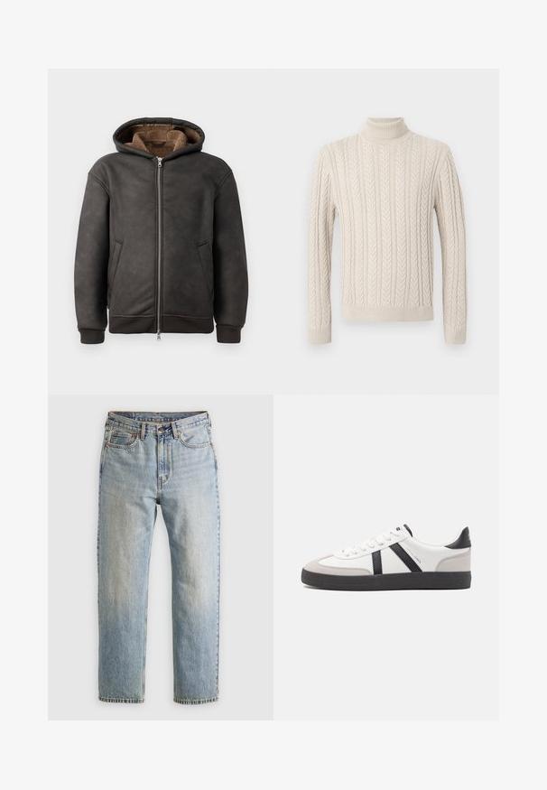 Sudadera acolchada gris oscuro hecha de cuero, con cierre de cremallera, dos bolsillos laterales y un suave forro marrón con capucha y puños acanalados.; Suéter beige de punto con alto cuello de tortuga acanalado. Presenta un patrón de cable texturizado y puños y dobladillo acanalados, ofreciendo una apariencia acogedora.; Jeans de mezclilla azul claro de cintura alta, con botón frontal, cremallera y diseño de cinco bolsillos, dispuestos sobre un fondo neutro.; Zapatilla blanca con acentos en negro y gris, que presenta una puntera texturizada en gris, suela de goma negra y cordones planos blancos. Diseño limpio, estilo minimalista.