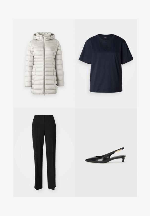 Svetlo siva puffer jakna s horizontalnim šivom, kapuco in sprednjim zadrgo. Gladka tekstura z rahlo sijočo površino.; Temno modra kratka majica s kratkimi rokavi, izdelana iz mehke bombažne tkanine. Ima okroglo ovratnico in subtilno vezeno logo na prsih.; Črne krojene hlače s direktnim krojem, ki se ponašajo z gladko teksturo in ostrimi pregibi spredaj. Ni vidne kovine.; Črne usnjene sandale na peto z ostro konico, ki imajo tanko peto in zlat ton na nastavljivem traku. Gladka tekstura.