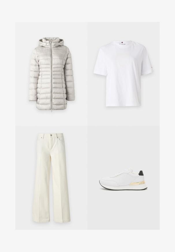 Svetlo siva puffer jakna s horizontalnim šivom, kapuco in sprednjim zadrgo. Gladka tekstura z rahlo sijočo površino.; Bela bombažna majica s krojem, kratkimi rokavi in subtilnim rumenim logotipom z napisom "HILFIGER NEW YORK 1985." Standardna prileganje.; Široke bele kavbojke so narejene iz mešanice bombaža. Imajo zadrgo, pet žepov in šive vzdolž šivov.; Bela tenisa z gladko površino, ki se ponaša z črnimi detajli na peti in zlatim kovinskim dodatkom na srednjem delu podplata. S sistemom vezalk, gumijast podplat.