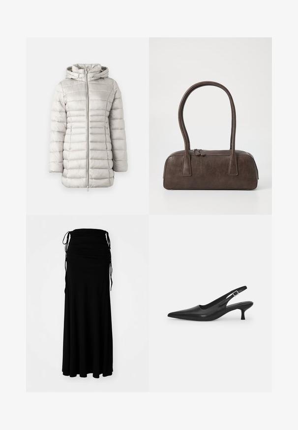 Svetlo siva puffer jakna s horizontalnim šivom, kapuco in sprednjim zadrgo. Gladka tekstura z rahlo sijočo površino.; Črna dolgosleevna majica s turtleneck ovratnikom. Mehka tkanina, prilegajoča zasnova, visoka ovratnica in bočni šivi. Preprost in vsestranski slog, primeren za plastenje.; Črna, obleka do gležnjev iz mehkega, raztegljivega blaga z nabranim bodicem in nastavljivimi vezalkami na straneh, ki ustvarjajo tekoč silhuet.; Črne usnjene sandale z odprtim peto in konično oblikovanim prstom ter ozkim, ukrivljenim petnim delom. Imajo diskretno nastavljivo zaponko z kovinsko sponko.; Rjava usnjena torbica z dvema trdnima ročkama, pravokotne oblike, gladke teksture in zadrgo. Minimalističen dizajn brez vidnih vzorcev.