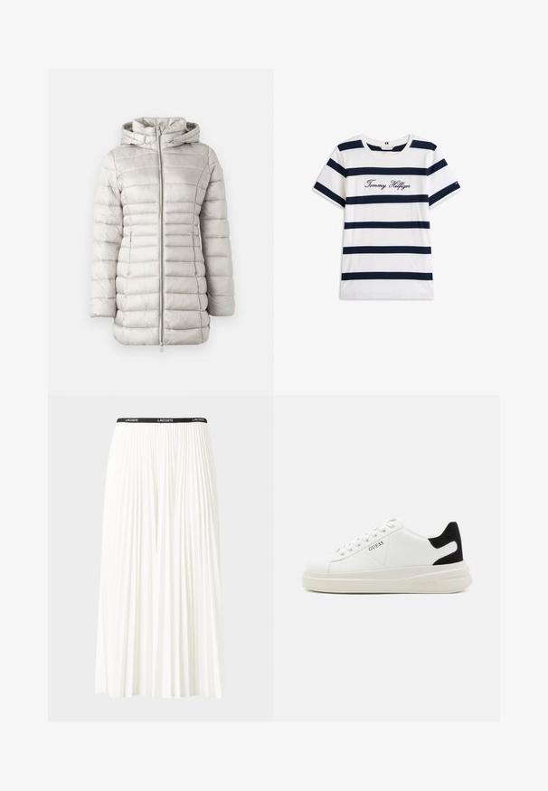 Světle šedá péřová bunda s vodorovným prošíváním, kapucí a předním zipem. Hladká textura s mírně lesklým povrchem.; Bavlněné tričko s horizontálními námořnickými pruhy na bílém pozadí. Na hrudi je výšivka "Tommy Hilfiger" v kurzívě. Kulatý výstřih.; Záhybová bílá sukně s černým elastickým pasem s logem "LACOSTE". Suška je střední délky a má jemnou texturu.; Bílé kožené tenisky s tlustou bílou podrážkou, černým semišovým akcentem na patě a vyraženým logem na boku. Šněrovací design se šesti očka.