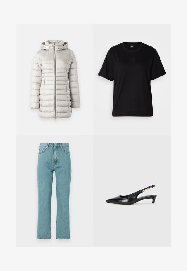Svijetlo siva puf jakna s horizontalnim šavovima, kapuljačom i prednjim zatvaračem. Glatka tekstura s laganim sjajnim završetkom.; Crna pamučna majica s okruglim izrezom, kratkim rukavima i izvezenim logotipom na prsima. Jednostavan, opušten kroj bez uzorka.; Svijetloplave, traperice viskog struka sa ravnim nogavicama. Izrađene od denima, s prednjim džepovima i dugmetom za zatvaranje.; Crne kožne sandale s petom, s izduženim vrhom, imaju usku petu i zlatni akcent na podesivoj traci. Glatka tekstura.