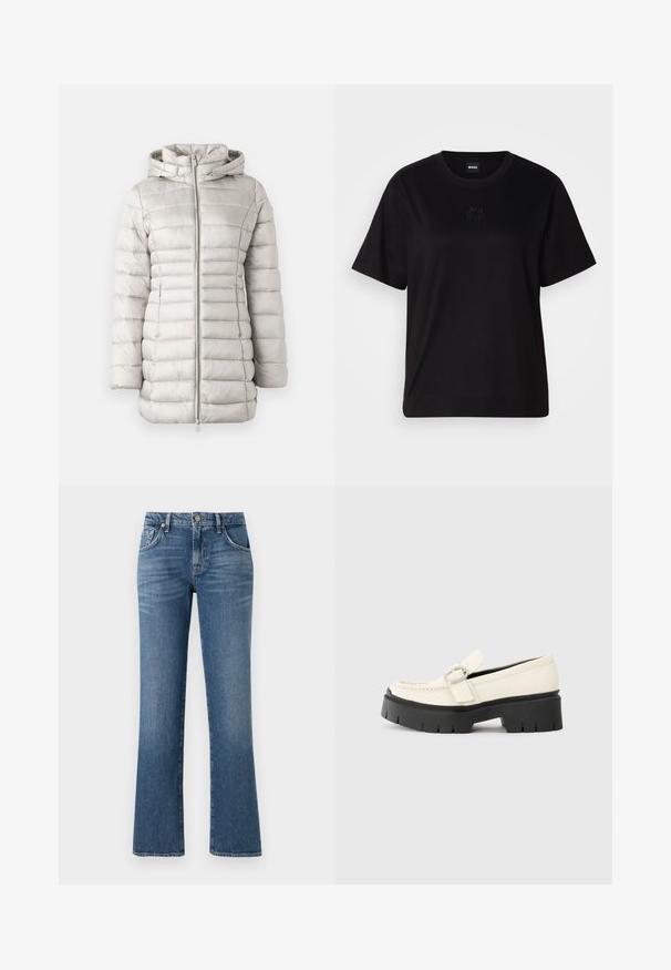 Svetlo siva puffer jakna s horizontalnim šivom, kapuco in sprednjim zadrgo. Gladka tekstura z rahlo sijočo površino.; Črna bombažna majica s krožnim izrezom, kratkimi rokavi in izvezenim logotipom na prsih. Preprosta, sproščena silhueta brez vzorcev.; Modre kavbojke s zasukanim krojem nogavic, petimi žepi in sprednjim gumbom, z srednje visokim pasom in blago zbledelim videzom.; Bela usnjena loafer čevlja z debelim črnim podplatom, ki ima pravokotno srebrno zaponko in vidne šive na zgornjem delu.