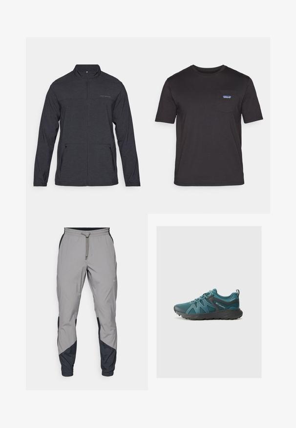 Černá bunda s dlouhým rukávem a zipovým límečkem, dvě boční kapsy a decentní logo na hrudi. Hladká textura, lehký materiál.; Černé tričko s krátkým rukávem vyrobené z bavlny, s náprsní kapsou a modrým logem Patagonia na levé straně.; Lehké šedé sportovní kalhoty s černými detaily. Elastický pas, stahovací šňůrka, tapered nohavice a boční kapsy.; Columbia PEAKFREAK ROAM - Trekingové boty - everblue/dark grey