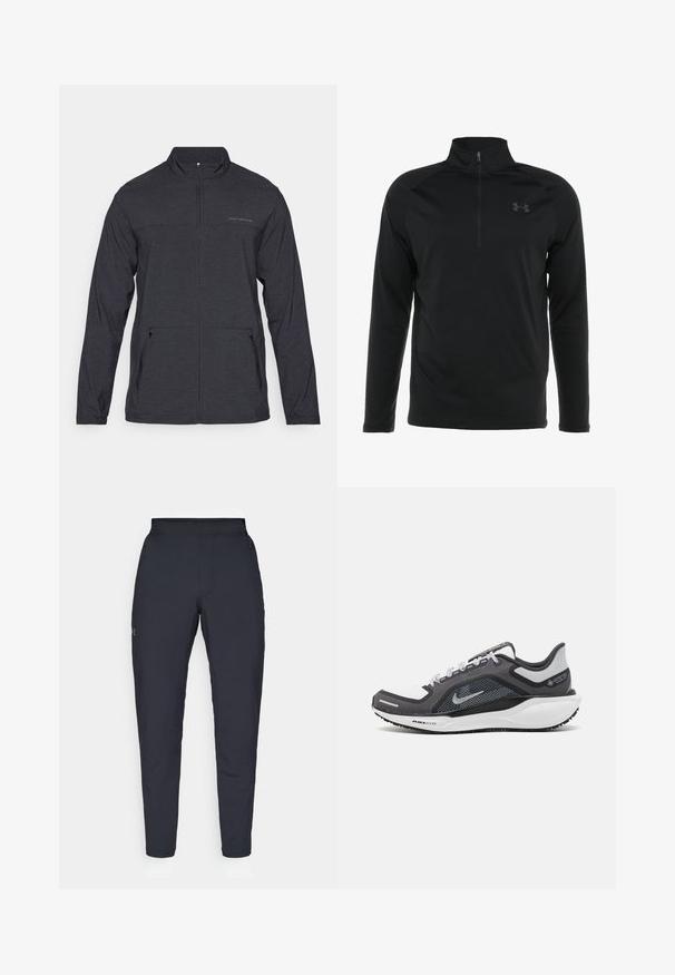 Čierna bunda s dlhým rukávom a zipsovou golierom, dvoma bočnými vreckami a nenápadným logom na hrudi. Hladká textúra, ľahká tkanina.; Čierny pulover s dlhým rukávom a polovičným zipsom, vyrobený z hladkého, pružného materiálu, so subtilným logom na hrudi.; Čierne športové nohavice s hladkým povrchom, priliehavým strihom, elastickým pásom a bočnými vreckami. Obsahujú malé logo na ľavom stehne.; Čierna a sivá športová obuv s vrchnou časťou z priedušného materiálu, reflexné akcenty a biely medzipodrážka. Obsahuje štruktúrovanú gumovú podrážku a šnúrky.