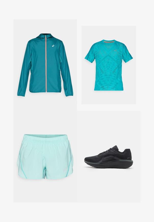 Türkise, leichte Jacke mit Kapuze, ausgestattet mit einem durchgehenden Reißverschluss mit korallenfarbenen Akzenten, elastischen Manschetten und einem Logo auf der oberen linken Seite.; Türkisfarbenes Sport-T-Shirt mit kurzen Ärmeln, das über ein strukturiertes, atmungsaktives Netzdesign und reflektierende Akzente auf der Brust verfügt.; Helle türkisfarbene Sportshorts mit einem elastischen Bund, seitlichen Netzpaneelen und einem kleinen Logo an der unteren Vorderseite. Glatte Textur und lockere Passform.; Schwarzer Sportschuh mit einem atmungsaktiven Mesh-Obermaterial, strukturierten Details, gepolsterter Sohle und reflektierenden Akzenten. Die Seitenansicht zeigt das stromlinienförmige Design.