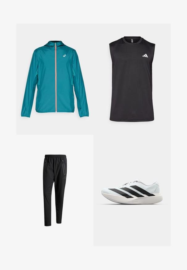 Tirkizna, lagana jakna s kapuljačom, koja ima punu patent zatvarač s koraljnim naglaskom, elastične narukvice i logo na gornjoj lijevoj strani.; Crni bezrukavi sportski top od prozračnog materijala, s okruglim izrezom i bijelim logotipom na gornjoj lijevoj strani.; Crne atletske hlače s elastičnim pojasom, dva bočna džepa sa zatvaračem, suženi nogavici i diskretnim logotipom na kuku.; Lagane tenisice za trčanje u svijetloplavoj boji s crnim trakama. Imaju glatku gornju površinu, okrugli vrh i debeli bijeli srednji sloj označen "LIGHTSTRIKE PRO."