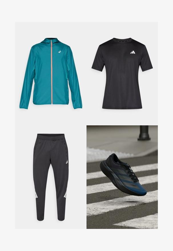 Giacca leggera color turchese con cappuccio, dotata di zip completa con accento corallo, polsini elasticizzati e logo sul lato sinistro superiore.; Maglietta sportiva nera in tessuto a rete leggero, con maniche corte e logo bianco sull'area sinistra del petto.; Pantaloni atletici neri con gambe affusolate, cintura elastica, tasche laterali e dettagli con logo bianco e strisce. Realizzati in materiale liscio e leggero.; Scarpa sportiva nera e blu con un design aerodinamico, presenta una tomaia testurizzata, strisce a contrasto e una suola ammortizzata, sospesa sopra l'asfalto.