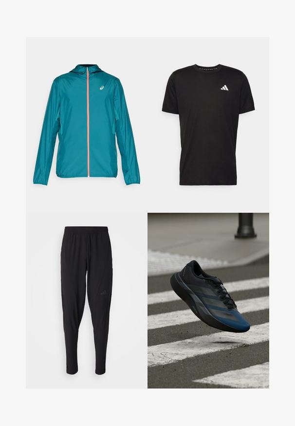 Τζάκετ σε τιρκουάζ χρώμα, ανάλαφρο, με κουκούλα, που διαθέτει πλήρη φερμουάρ με κοραλί λεπτομέρεια, ελαστικές μανσέτες και λογότυπο στο επάνω αριστερό μέρος.; Μαύρο βαμβακερό μπλουζάκι με κοντά μανίκια, στρογγυλή λαιμόκοψη και λευκό λογότυπο στην αριστερή πλευρά του στήθους. Λείο υλικό και απλός σχεδιασμός.; Μαύρο αθλητικό παντελόνι με ελαστική μέση, στενή γραμμή, πλαϊνές τσέπες και διακριτική λεπτομέρεια λογότυπου. Κατασκευασμένο από ευέλικτο, αναπνεύσιμο ύφασμα.; Μαύρο και μπλε αθλητικό παπούτσι με κομψό σχέδιο, με υφασμένη επάνω επιφάνεια, αντίθετες ρίγες και μαλακή σόλα, αιωρούμενο πάνω από το πεζοδρόμιο.