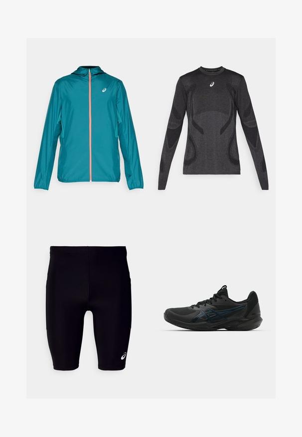 Svetlozelená, ľahká bunda s kapucňou, s plným zipsom a korálovým akcentom, elastickými manžetami a logom na hornej ľavej strane.; Dlhý rukáv športový top v tmavosivej farbe, s textúrovanými dizajnovými akcentmi vo svetlejšej sivej. Okruhly dekolt s logom na hrudi.; Čierne športové šortky vyrobené z elastického materiálu, s tesným strihom, dĺžkou po kolená a malým bielym logom na dolnej strane.; ASICS SOLUTION SPEED FF 3 CLAY - Tenisové topánky na antuku - black/prism blue