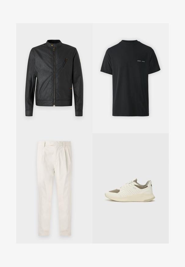 Must mustriga jope, mis on valmistatud tekstuuriga kangast, seisev krae, tõmblukk ja nurga all tasku, millel on pronksist detailid.; Must must t-särk klassikalise ümmarguse kaelusega, lühikeste varrukatega ja vasakul rinnal kaks väikest valget "SAMSØE" logo.; Valged volditud püksid, mis on kohandatud sobivusega, sujuva tekstuuriga, vööloopidega ja kitsenevate jalgadega. Pole nähtavaid taskuid ega mustreid.; Valge ja heledat beeži värvi spordijalats, millel on õhuke võrkmaterjal, perforatsioonidega detailid ning tekstuuriga vahetald, millel on brändi logo kannaosas.