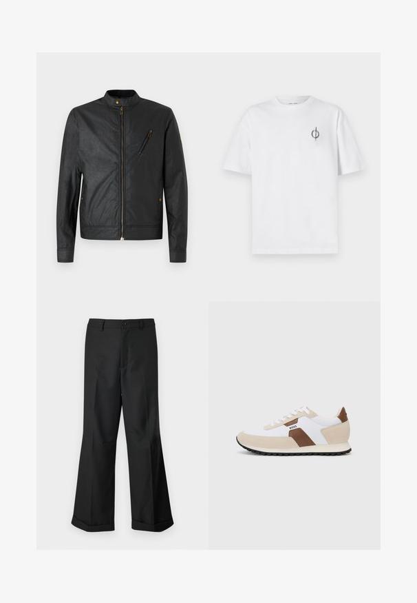 Melnā jaka, kas izgatavota no teksturētas auduma ar stāvošu apkakli, ar rāvējslēdzēja aizdari un slīpajām kabatām, ar bronzas metāla detaļām.; Bāla kokvilnas t-kreklu ar brīvu piegulšanu, kuram uz kreisā krūšu apvidus ir neliels melns grafiskais logotips. Īsas piedurknes, apaļas kakla izgriezums.; Melni plaši bikses ar pogājam jostu un apakšdaļu ar aprocēm, izliktas uz vienkārša balta fona.; Sneakeri, kas izgatavoti no balta sieta un beigu zamšas ar brūnu ādas akcentu. Apaļa purngala forma, plakana gumijas zole un auklu dizains.