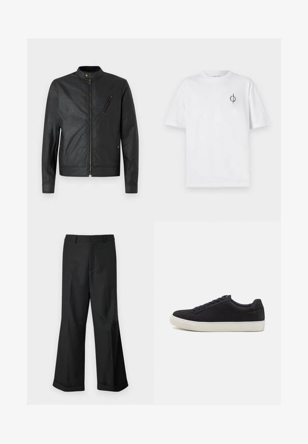 Must mustriga jope, mis on valmistatud tekstuuriga kangast, seisev krae, tõmblukk ja nurga all tasku, millel on pronksist detailid.; Valge puuvillane t-särk lõdva sobivusega, millel on vasakul rinnal väike must graafiline logo. Lühikesed varrukad, ümmargune kaelus.; Mustad laiad püksid nupuga vöökoha ja cuffidega hemmed, esitatud lihtsa valge tausta taustal.; Must musta sneaker ümmarguse varbaga, valge kummitald, kontrastsete siniste paeltega ja siledaga tekstuuriga. Minimalistlik disain, ilma nähtava logota.