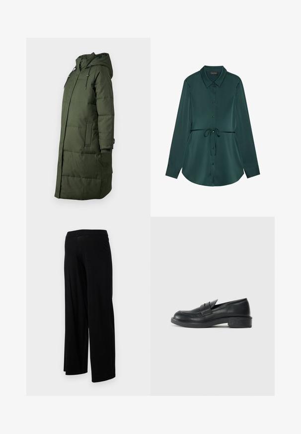 Pikk, tumeroheline puffer-jakk, millel on kapuuts, eesmine taskud ja elastsed varrukad, valmistatud siledast ja vastupidavast materjalist.; Tumesinises satiinis pikkade varrukatega särk, millel on krae, nööpidega sulgur, nööriga vöökoht ja kumer äär, mis annab lõdvestunud välimuse.; Mustad laiad püksid elastse vöökohtaga ja sujuva, veniva tekstuuriga. Omab lihtsat disaini, ilma mustrite ja kaunistusteta.; Mustad nahast loafers ümarate varvastega, tikkimiste detailidega ja väikese kandiga. Sile pind ja paindlik kummist tald.