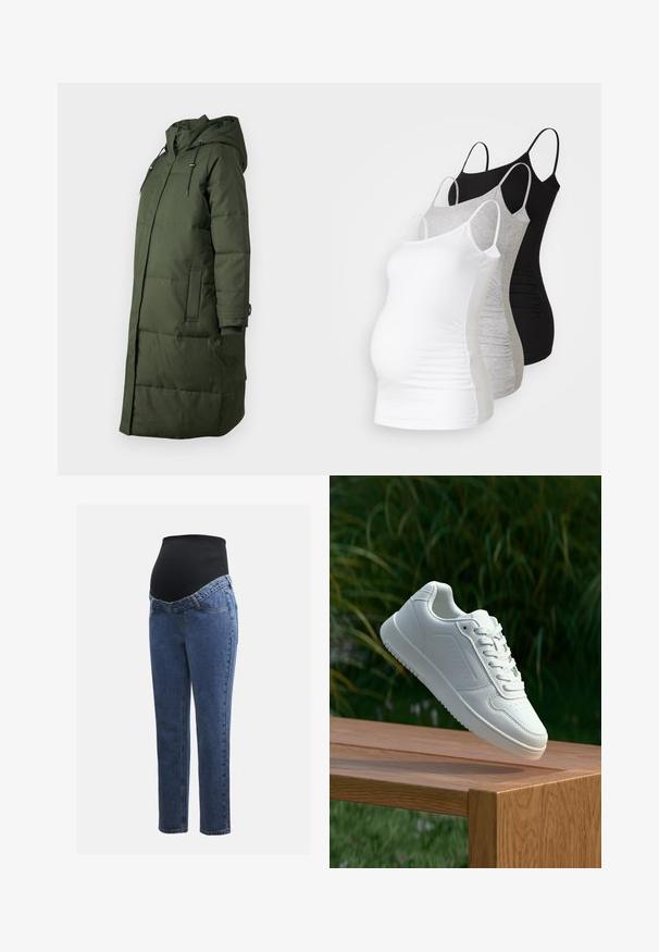 Duga, tamnozelena pufasta jakna s kapuljačom, prednjim džepovima i elastičnim manžetama, izrađena od glatkog, izdržljivog materijala.; Tri majice za trudnice bez rukava u bijeloj, sivoj i crnoj boji. Elastični materijal s podesivim trakama i naboranim bočnim šavovima za udobnost.; Trudnice traperice s plavim traper nogavicama i crnim rastezljivim trbuh panelom dizajnirane za podršku i prekrivanje rastoće trbuščića.; Bijela tenisica sa glatkim sintetičkim gornjim dijelom, perforiranim prednjim dijelom, ravnim vezicama i teksturiranom potplatom, prikazana na drvenoj površini.