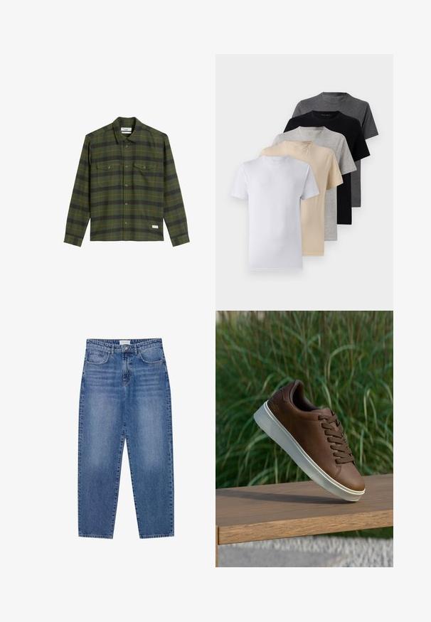 Camicia a quadri verdi e neri con accenti arancioni, maniche lunghe, chiusura con bottoni, due tasche sul petto e un'etichetta sull'orlo.; Set di cinque t-shirt a manica corta in bianco, beige, grigio chiaro, grigio scuro e nero. Realizzate in cotone morbido, con design a girocollo.; Jeans in denim blu con vita alta, design a gamba dritta e finitura sbiadita. Presentano cinque tasche e chiusura con bottone.; Sneaker in pelle marrone con suola in gomma bianca, punta arrotondata e lacci marroni. Grip testurizzato sulla suola e finitura liscia sulla parte superiore.