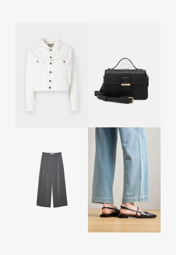Weiße, taillierte Jeansjacke mit langen Ärmeln, die zwei Brusttaschen, silberfarbene Knöpfe und kontrastierende Nähte in einer hellen Farbe aufweist.; Schwarzes kurzärmliges T-Shirt aus glattem Stoff. Mit Rundhalsausschnitt und einer lockeren Passform sowie einem geraden Saum.; Faltenhose mit weitem Bein aus einem dunkelgrauen Stoff mit subtiler Textur. Verfügt über einen Knopfverschluss und ein klassisches Design des Bunds.; Schwarze Lederslingback-Schuhe mit spitzer Zehe, flachem Absatz und Knöchelriemen; getragen mit hellblauen, weit geschnittenen Jeans.; Schwarze Lederhandtasche mit goldenen Metallakzenten, rechteckige Form, Klappenverschluss, verstellbarer Schultergurt, glatte Textur, minimalistisches Design.