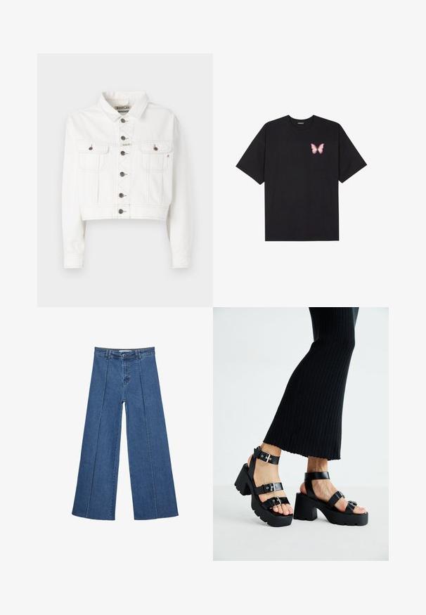 Biela skrátená denimová bunda s dlhými rukávmi, ktorá má dve náprsné vrecká, strieborné gombíky a kontrastné švy v svetlej farbe.; Čierne bavlnené tričko s krátkymi rukávmi, s malým ružovým motýlikom na ľavej hrudi. Design s okrúhlym výstrihom a uvoľneným strihom.; Rovné džínsy s širokými nohavicami v strednom modrom odtieni, so zvýšeným pásom, zapínaním na gombík a kontrastnými vertikálnymi švami pozdĺž prednej strany.; Čierne platformové sandále s robustnými, zúbkovanými podrážkami a viacerými popruhmi, s kovovými prackami a hladkým textúrou pripomínajúcou kožu.