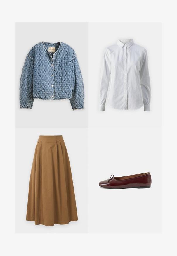 Jeans jakna z odebeljenim vzorcem v svetlo modri barvi. Ima valovit vzorec, gumbke na pritisk in okrogel izrez. Mehka tekstura z sproščenim krojem.; Bela srajca z gumbki, narejena iz gladkega bombaža, s klasičnim ovratnikom, dolgimi rokavi in ukrivljenim robom. Gumbi so majhni in beli.; Rjava bombažna A-linijska krila z visokim pasom, ki vključuje naborke spredaj in gladko teksturo. Robovi so čisti in preprosti.; Burgundska patenti usnjeni baletni čevlji z zaobljenim prstom, majhnim lokom na sprednji strani in nizkim črnim gumijastim podplatom. Gladka tekstura.