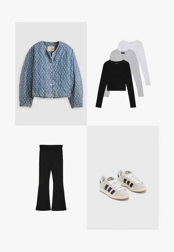 Quiltet denimjakke i lyseblå. Har bølgete mønster, trykknapper og rund halslinning. Myk tekstur med avslappet passform.; Tre lange ermer t-skjorter stablet: svart, grå og hvit. Hver har en rund hals og et kort design med glatt, lett stoff.; Sorte flared leggings laget av stretchy stoff. Har en bred midjebånd og en glatt tekstur, med en tettsittende silhuett som blir videre nedover.; Grå semsket sneakers med hvite lisser, svarte striper og en hvit gummisåle. Har en sirkulær logo på tungen og en gummisåle.