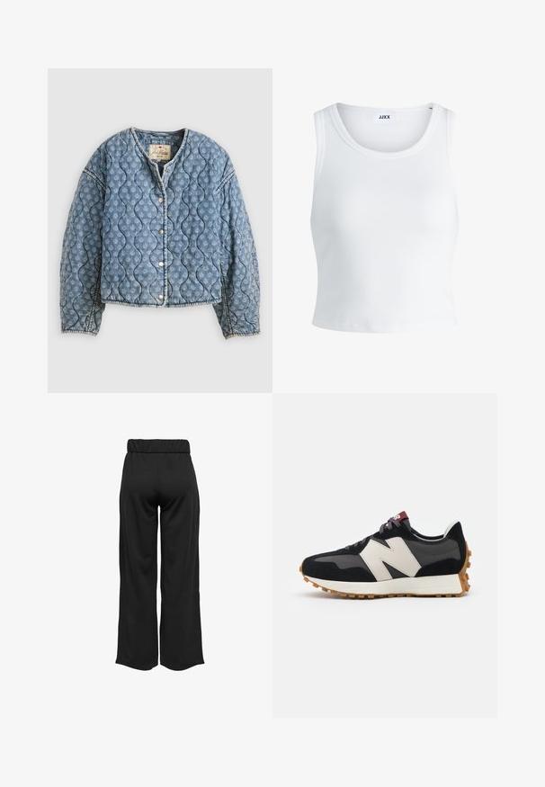 Vadderad denimjacka i ljusblått. Har ett vågigt mönster, tryckknappar och en rundad halsringning. Mjuk textur med avslappnad passform.; Vit ribbade linne med rund halsringning, ärmlös design och kort längd. Märket säger "JJXX." Slät tygkvalitet.; Svarta, vida byxor med elastisk midja, tillverkade av en mjuk tyg. Har en ren design utan fickor eller synliga sömdetaljer.; Svart och grå mocka sneaker med en stor krämfärgad "N"-logotyp, lila snören och en texturerad gummisula.