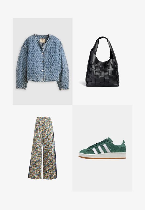 Jeans jakna z odebeljenim vzorcem v svetlo modri barvi. Ima valovit vzorec, gumbke na pritisk in okrogel izrez. Mehka tekstura z sproščenim krojem.; Bela majica bez rukavov z nastavljivimi naramnicami, prilegajoča zasnova, gladka tekstura tkanine in okrogli izrez. Brez vzorcev ali dodatkov.; Hlače s širokimi nogavicami z cvetličnim vzorcem na modri podlagi, ki imajo barvit vzorec rdečih, rumenih in modrih cvetov ter elastičen pas.; Zeleni semiš športni copat z belimi usnjenimi črtami, gumijastim podplatom, oblazinjenim ovratnikom in minimalističnim dizajnom. Na strani je oznaka blagovne znamke.; Črna usnjena torba za rame s pletenim vzorcem in ohlapno obliko ter širokim naramnim trakom. Ima teksturiran, prepleten dizajn s gladkim zaključkom.