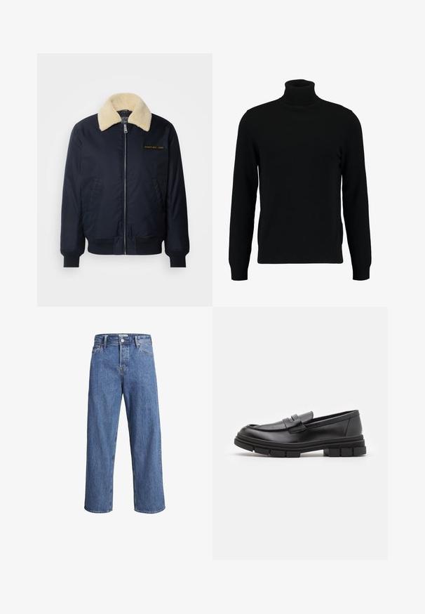 Marine bom jacket met een crèmekleurige faux-fur kraag, zijzakken, geribbelde manchetten, een ritssluiting aan de voorkant en een gouden geborduurd logo op de borst.; Zwarte coltrui gemaakt van een zacht breimateriaal. Heeft lange mouwen, een geribbelde kraag en zoom. Eenvoudig, strak ontwerp zonder patronen.; Zwarte button-up skjorte gemaakt van een gladde stof, met twee borstzakken, een puntkraag en knoopmanchetten. Eenvoudig ontwerp met minimale detailing.; Lichtblauwe denimjeans met een recht model, hoge taille en minimale stiksels. De stof heeft een zachte, licht vervaagde textuur.; Zwarte leren instappers met een gladde afwerking, voorzien van een voorste banddetail en een stevige rubberen zool met gegroefde accenten.