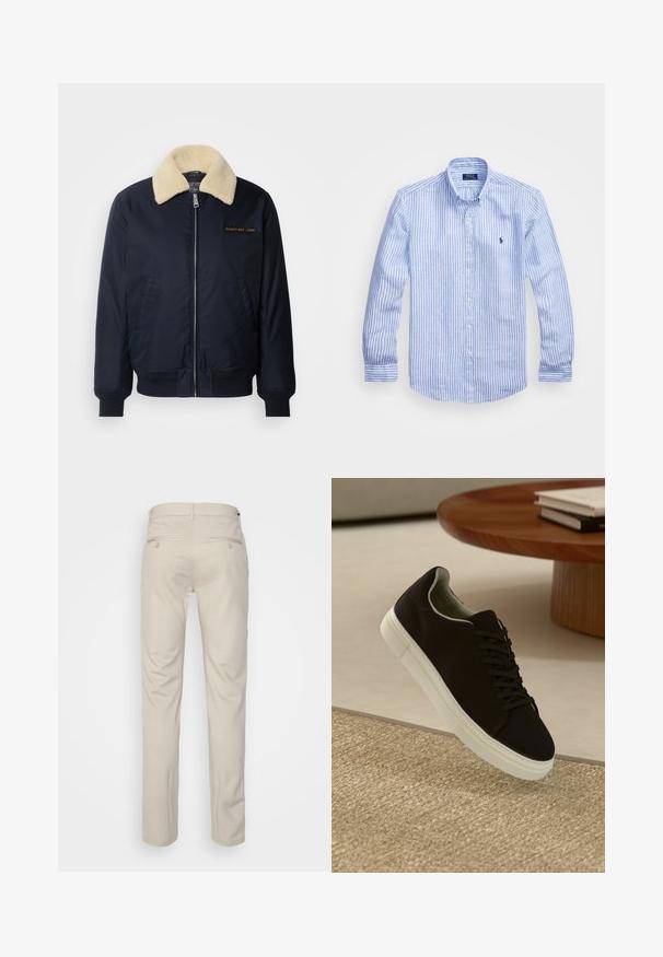Marine bomberjakke med krave i cremefarvet faux pels, sidelommer, ribbede manchetter, lynlås foran og guld broderet logo på brystet.; Blå og hvid stribet langærmet skjorte lavet af bomuld, med knap-ned krave, frontknapper og et lille broderet logo på brystet.; Beige bukser med en glat overflade, lige snit, to baglommer med knapper og en standard talje.; Sort sneaker med hvid sål svævende over en beige tekstureret tæppe nær et rundt trætabel med stablede bøger.