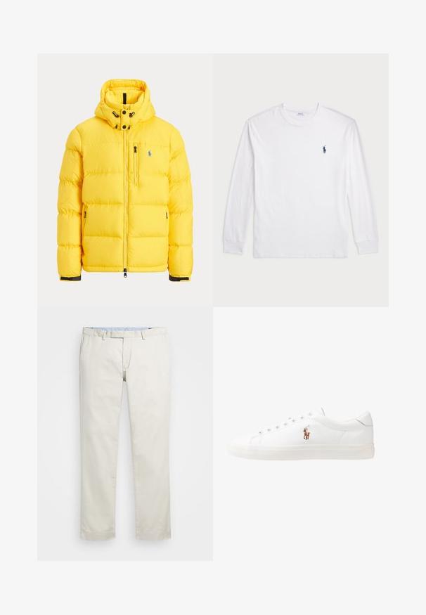 Žlutá prošívaná bunda s předním zipem, kapucí a logem. Vyrobena z hladkého, zatepleného materiálu s těsným vodorovným prošitím.; Bílé tričko s dlouhým rukávem vyrobené z bavlny. Má kulatý výstřih, žebrované manžety a malé námořnické modré logo polo na levé hrudi.; Béžové bavlněné chinos kalhoty s plochým předním dílem, poutky na opasek a bočními kapsami. Rovný střih s hladkou texturou a lehkým, prodyšným pocitem.; Bílé kožené tenisky, nízký střih, s hladkým povrchem, kulatou špičkou, šněrováním v přední části a malým vyšitým logem na boku.