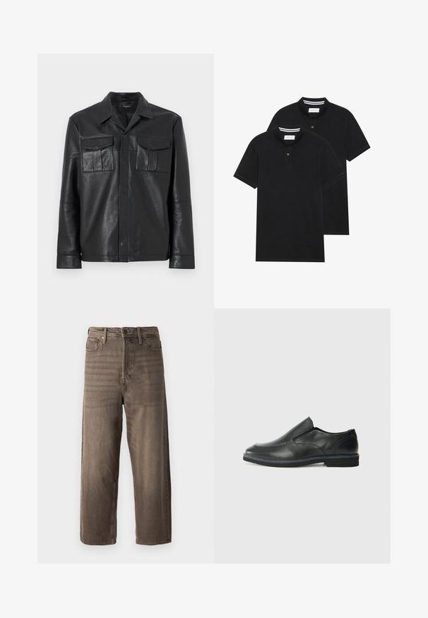 Black leather jacket with a collar, featuring two front pockets with flap closures, smooth texture, and a button-up front design.; Two black polo shirts, short-sleeved, cotton material, featuring a classic collar, two-button placket, and white striped accents inside the collar.; Brown wide-leg jeans made from denim. Features a zip fly, belt loops, and five pockets. The fabric shows a faded, textured appearance.; Black leather slip-on shoe with a smooth upper, stitched accents, rounded toe, and a low rubber heel. Sole features minimal tread.